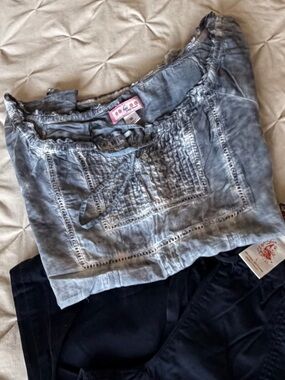 Koi Blue Washed Embroidered Peasant Scrub Top